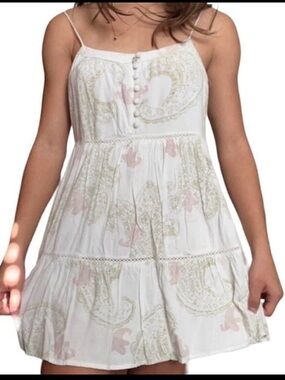 Urban Outfitters White Paisley Babydoll Lined Sundress with Pink Accents - Small